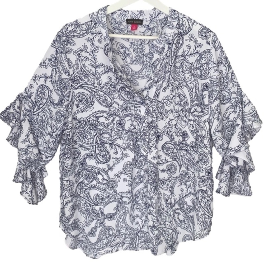 VINCE CAMUTO Henley Top Ruffled Sleeve Paisley Pullover White/Blue Women…